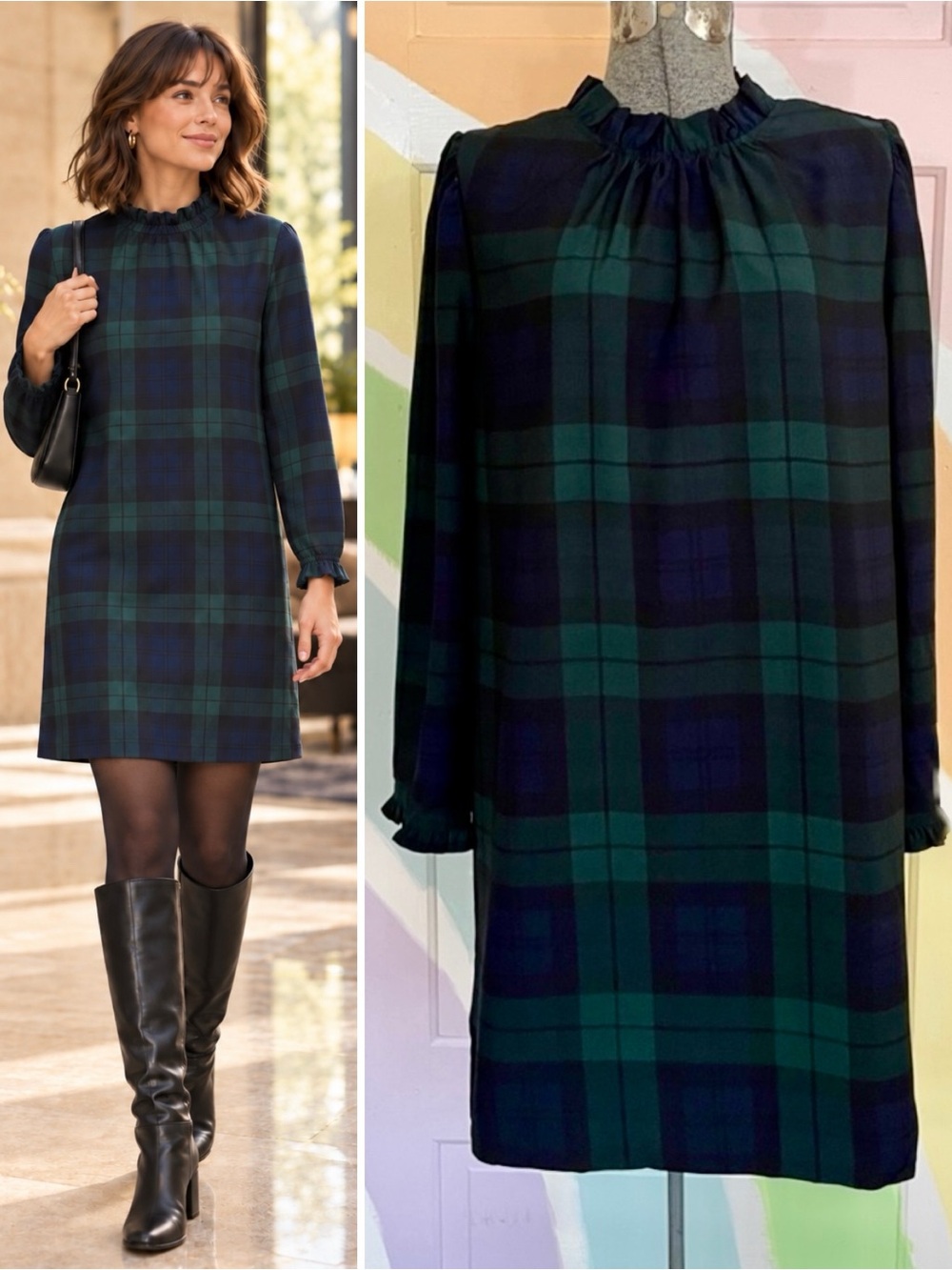 NWT J. CREW Blackwatch Plaid Ruffle Neck Long Sleeve Classic Shift Dress Sz 6 🧡🎀